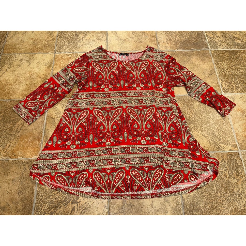 Veranee Womens Red Paisley Boho Swing Tunic Top 3XL Long Sleeve Round Neck